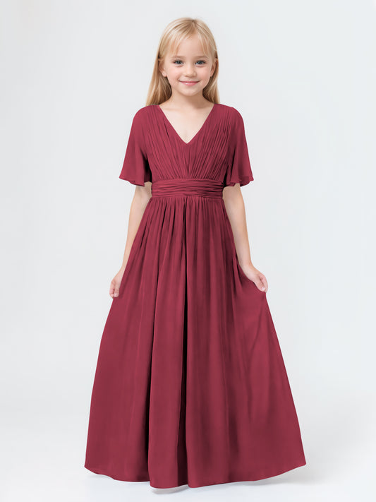 A-Line V-neck Short Sleeves Chiffon Junior Bridesmaid Dresses