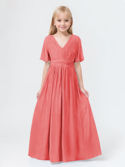 A-Line V-neck Short Sleeves Chiffon Junior Bridesmaid Dresses