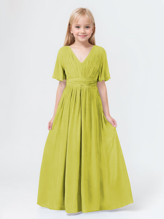 A-Line V-neck Short Sleeves Chiffon Junior Bridesmaid Dresses