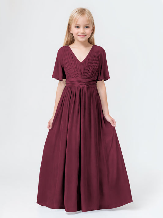 A-Line V-neck Short Sleeves Chiffon Junior Bridesmaid Dresses