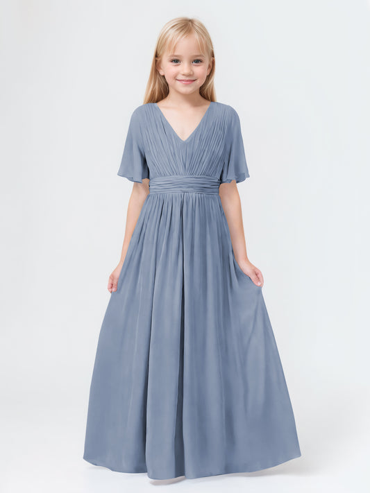 A-Line V-neck Short Sleeves Chiffon Junior Bridesmaid Dresses