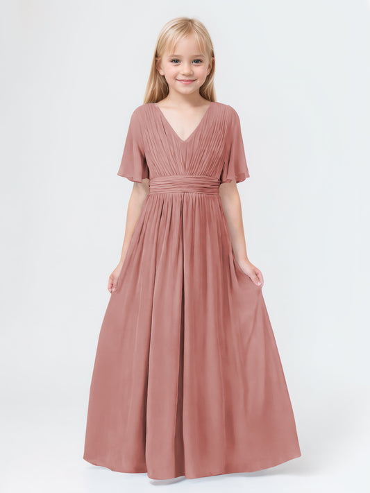 A-Line V-neck Short Sleeves Chiffon Junior Bridesmaid Dresses