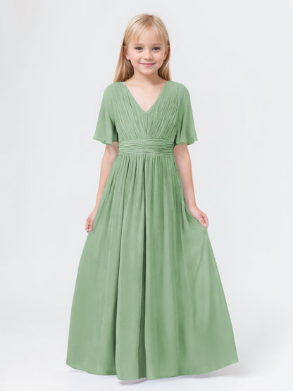A-Line V-neck Short Sleeves Chiffon Junior Bridesmaid Dresses