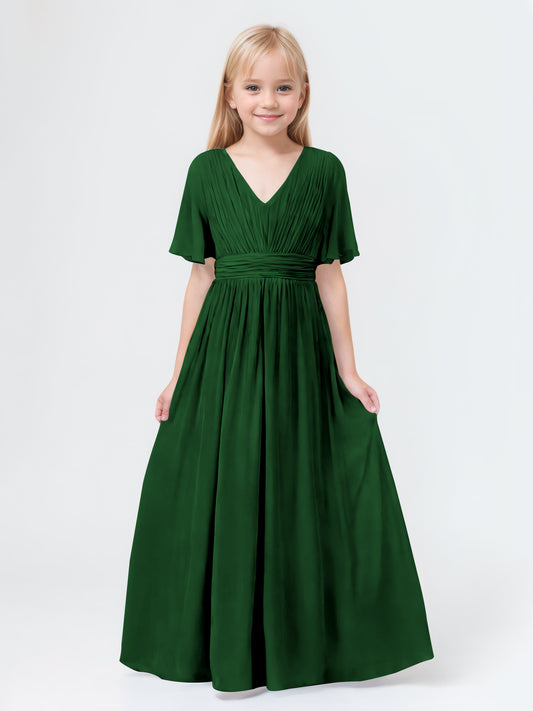 A-Line V-neck Short Sleeves Chiffon Junior Bridesmaid Dresses