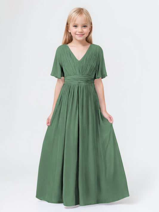 A-Line V-neck Short Sleeves Chiffon Junior Bridesmaid Dresses