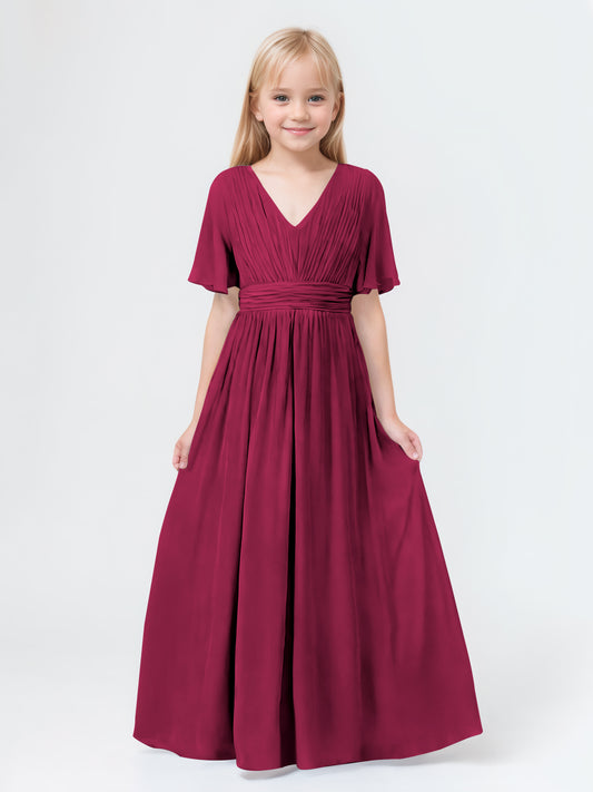 A-Line V-neck Short Sleeves Chiffon Junior Bridesmaid Dresses