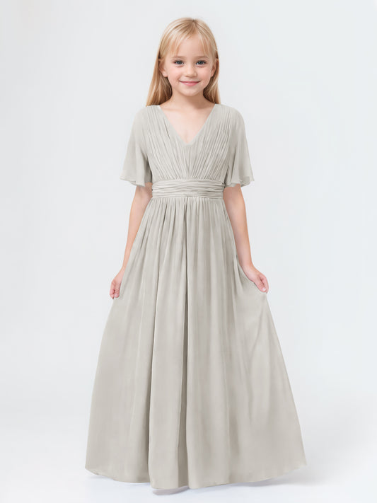 A-Line V-neck Short Sleeves Chiffon Junior Bridesmaid Dresses