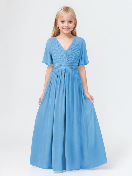 A-Line V-neck Short Sleeves Chiffon Junior Bridesmaid Dresses