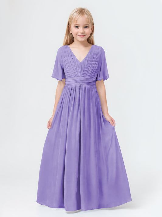 A-Line V-neck Short Sleeves Chiffon Junior Bridesmaid Dresses