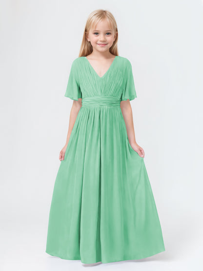 A-Line V-neck Short Sleeves Chiffon Junior Bridesmaid Dresses