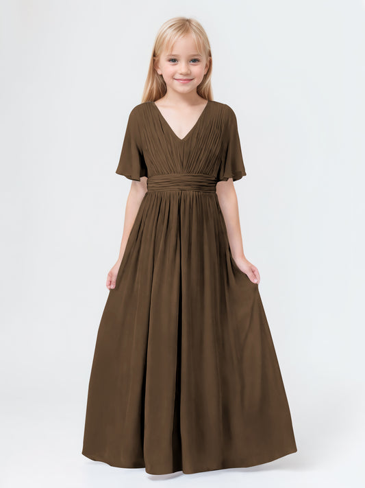 A-Line V-neck Short Sleeves Chiffon Junior Bridesmaid Dresses
