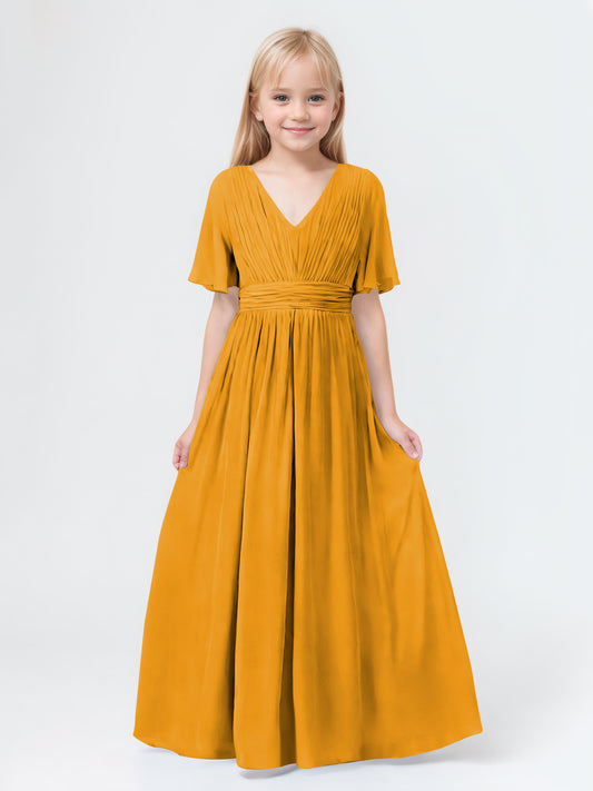 A-Line V-neck Short Sleeves Chiffon Junior Bridesmaid Dresses