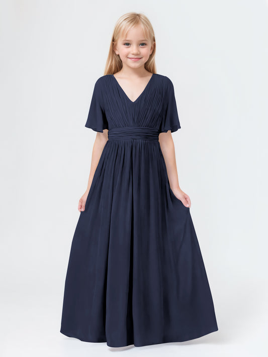 A-Line V-neck Short Sleeves Chiffon Junior Bridesmaid Dresses