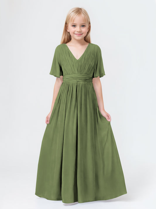 A-Line V-neck Short Sleeves Chiffon Junior Bridesmaid Dresses