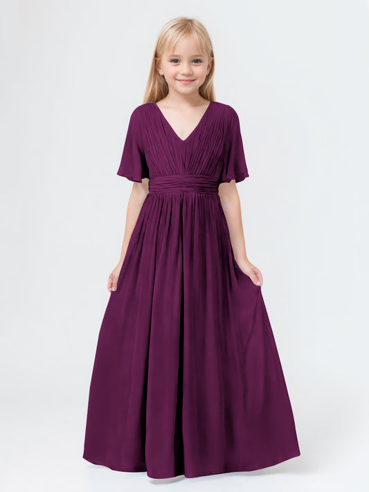A-Line V-neck Short Sleeves Chiffon Junior Bridesmaid Dresses