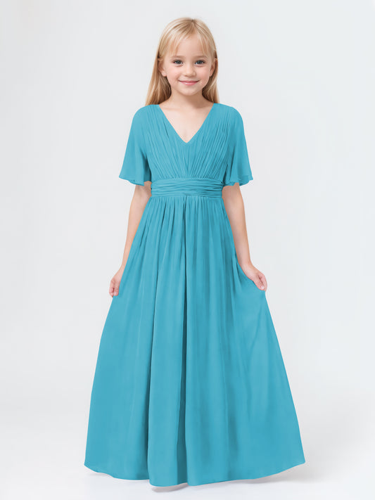 A-Line V-neck Short Sleeves Chiffon Junior Bridesmaid Dresses