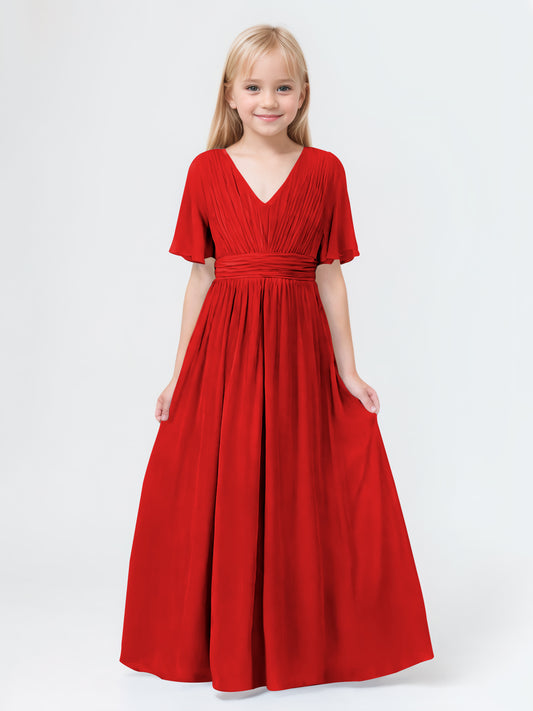 A-Line V-neck Short Sleeves Chiffon Junior Bridesmaid Dresses