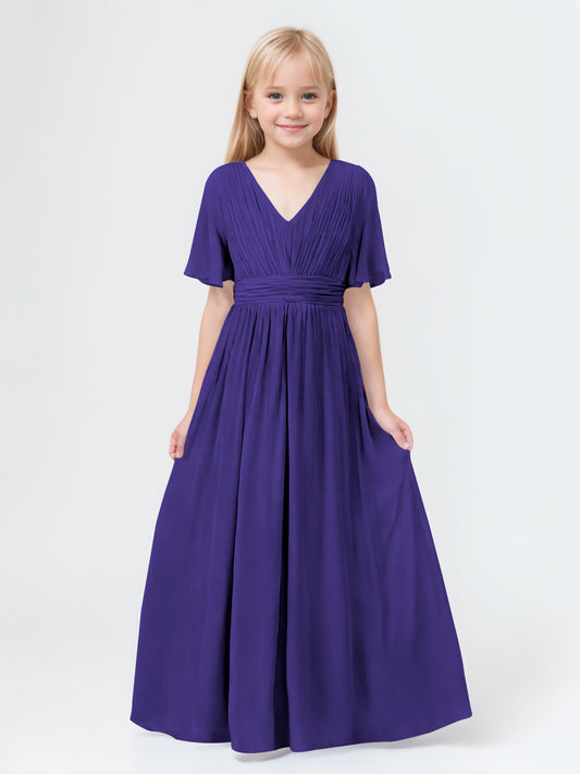 A-Line V-neck Short Sleeves Chiffon Junior Bridesmaid Dresses