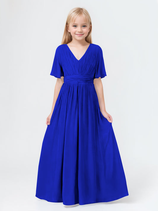 A-Line V-neck Short Sleeves Chiffon Junior Bridesmaid Dresses