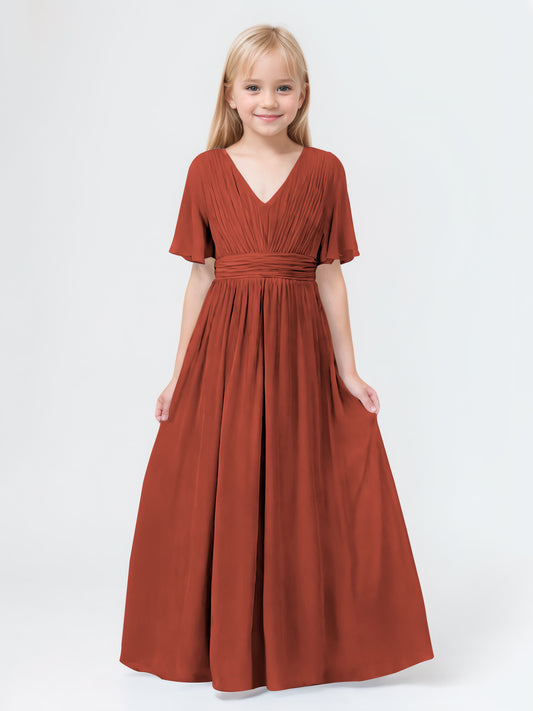 A-Line V-neck Short Sleeves Chiffon Junior Bridesmaid Dresses