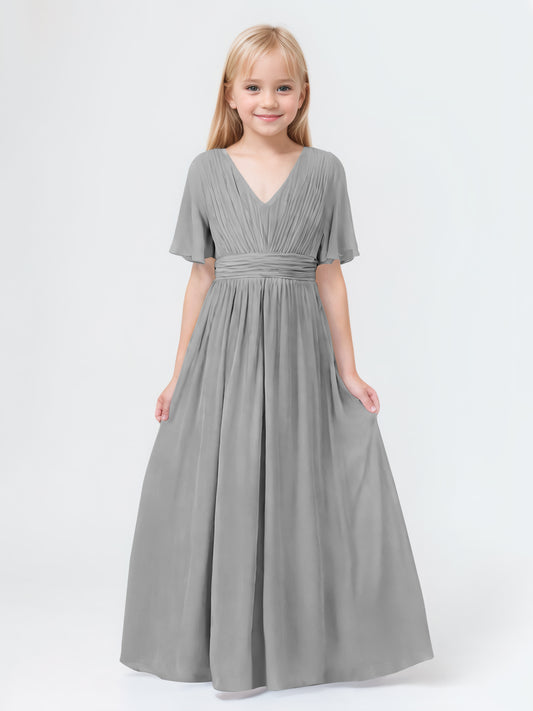 A-Line V-neck Short Sleeves Chiffon Junior Bridesmaid Dresses