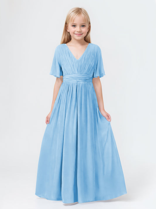 A-Line V-neck Short Sleeves Chiffon Junior Bridesmaid Dresses