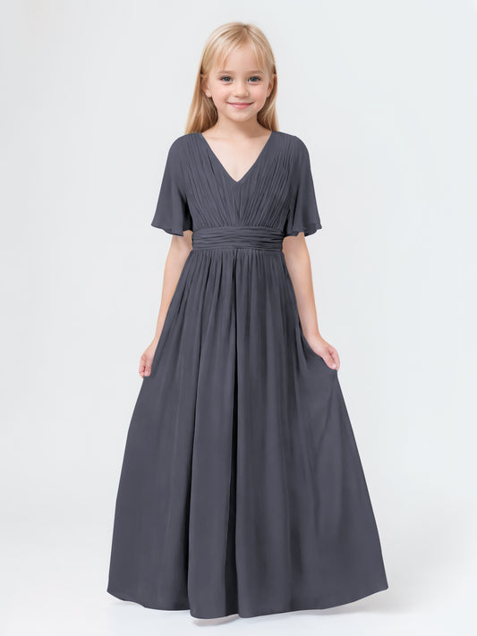A-Line V-neck Short Sleeves Chiffon Junior Bridesmaid Dresses
