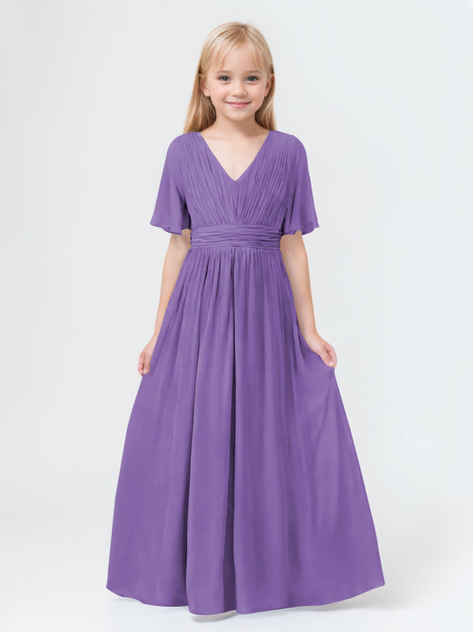 A-Line V-neck Short Sleeves Chiffon Junior Bridesmaid Dresses