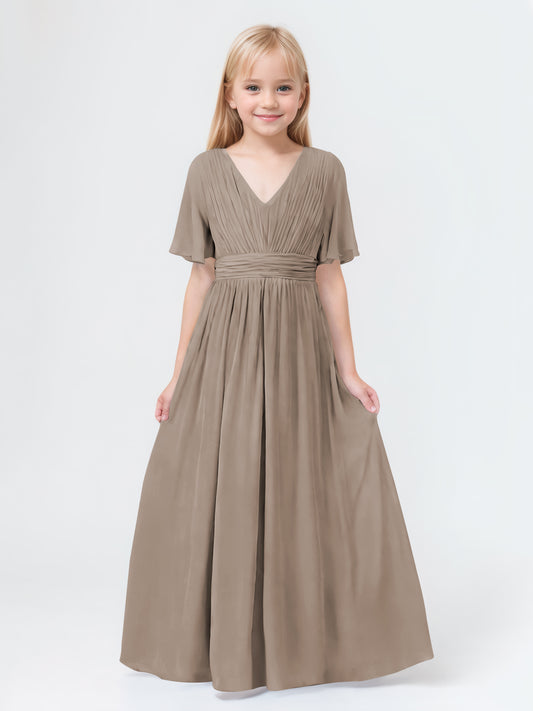 A-Line V-neck Short Sleeves Chiffon Junior Bridesmaid Dresses