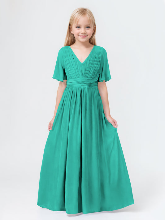A-Line V-neck Short Sleeves Chiffon Junior Bridesmaid Dresses