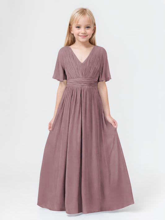 A-Line V-neck Short Sleeves Chiffon Junior Bridesmaid Dresses
