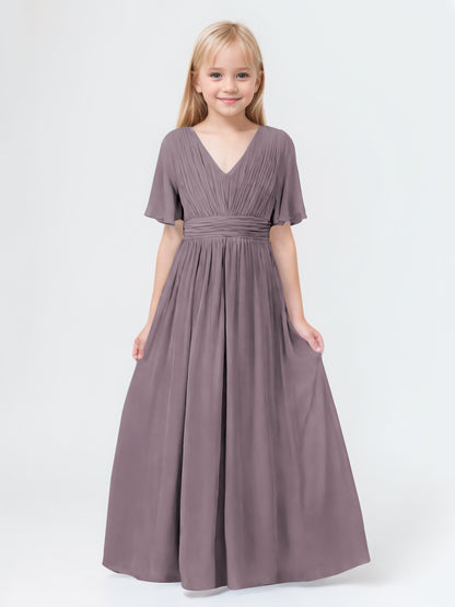 A-Line V-neck Short Sleeves Chiffon Junior Bridesmaid Dresses