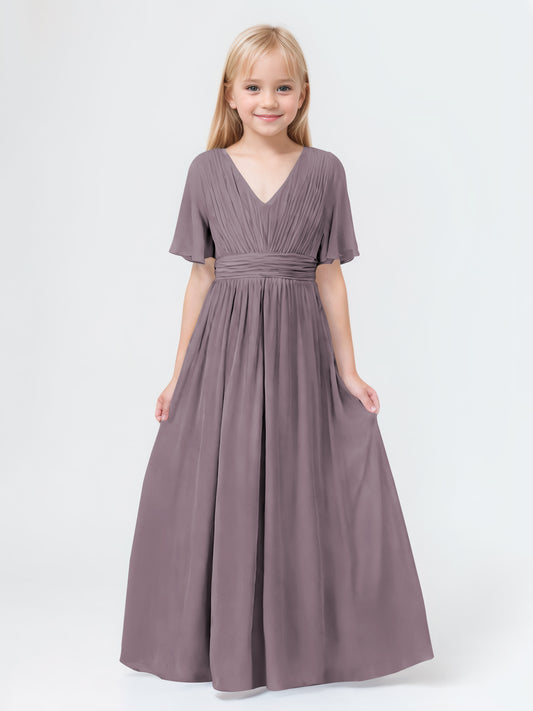 A-Line V-neck Short Sleeves Chiffon Junior Bridesmaid Dresses