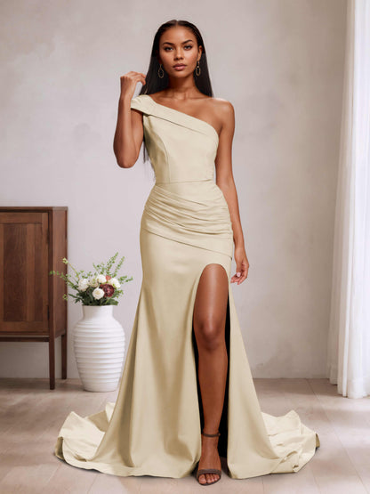 Aliya Trendy One Shoulder Bridesmaid Dresses with Sweep Train – Cathnina
