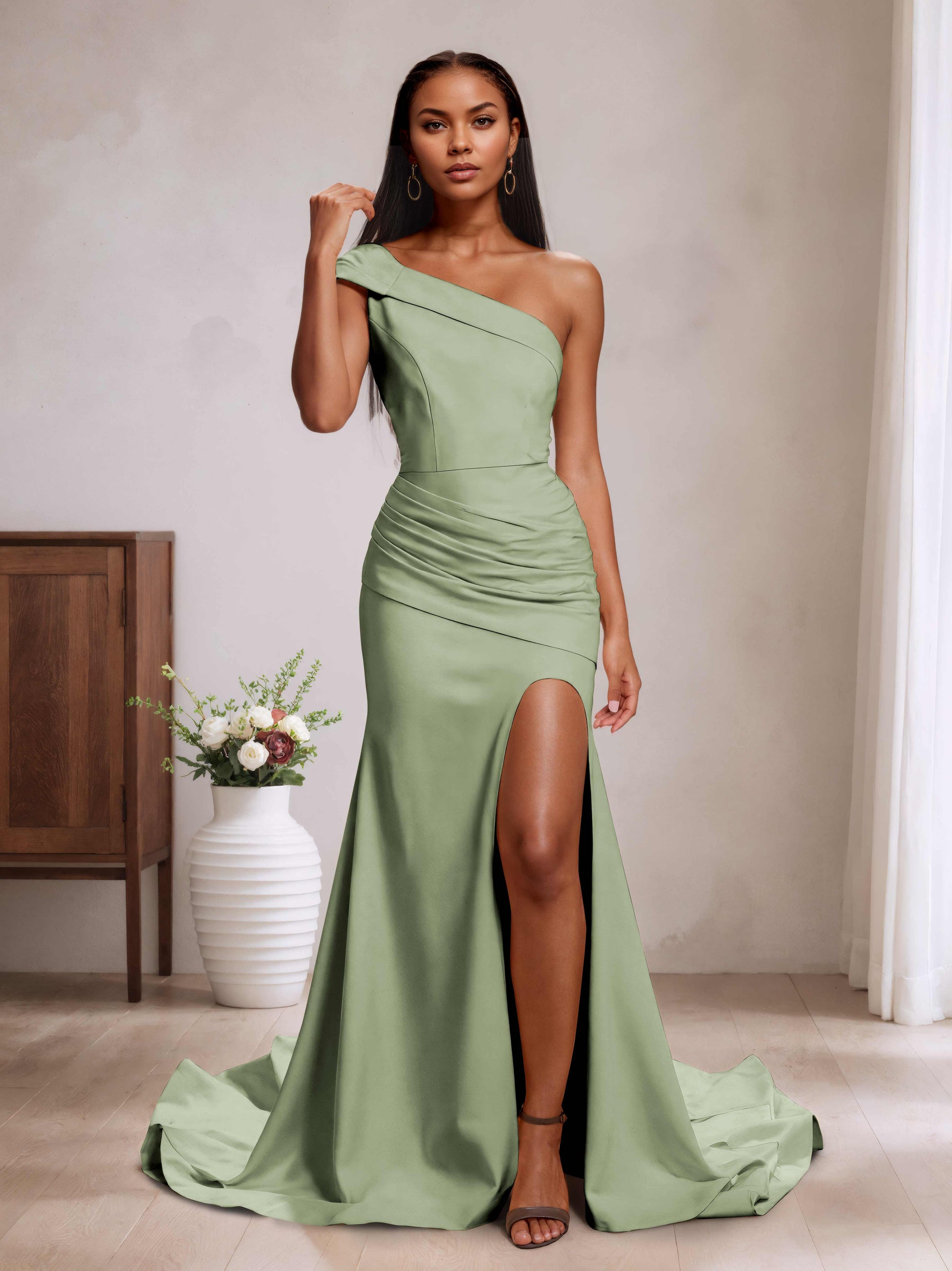 Aliya Trendy One Shoulder Bridesmaid Dresses with Sweep Train – Cathnina