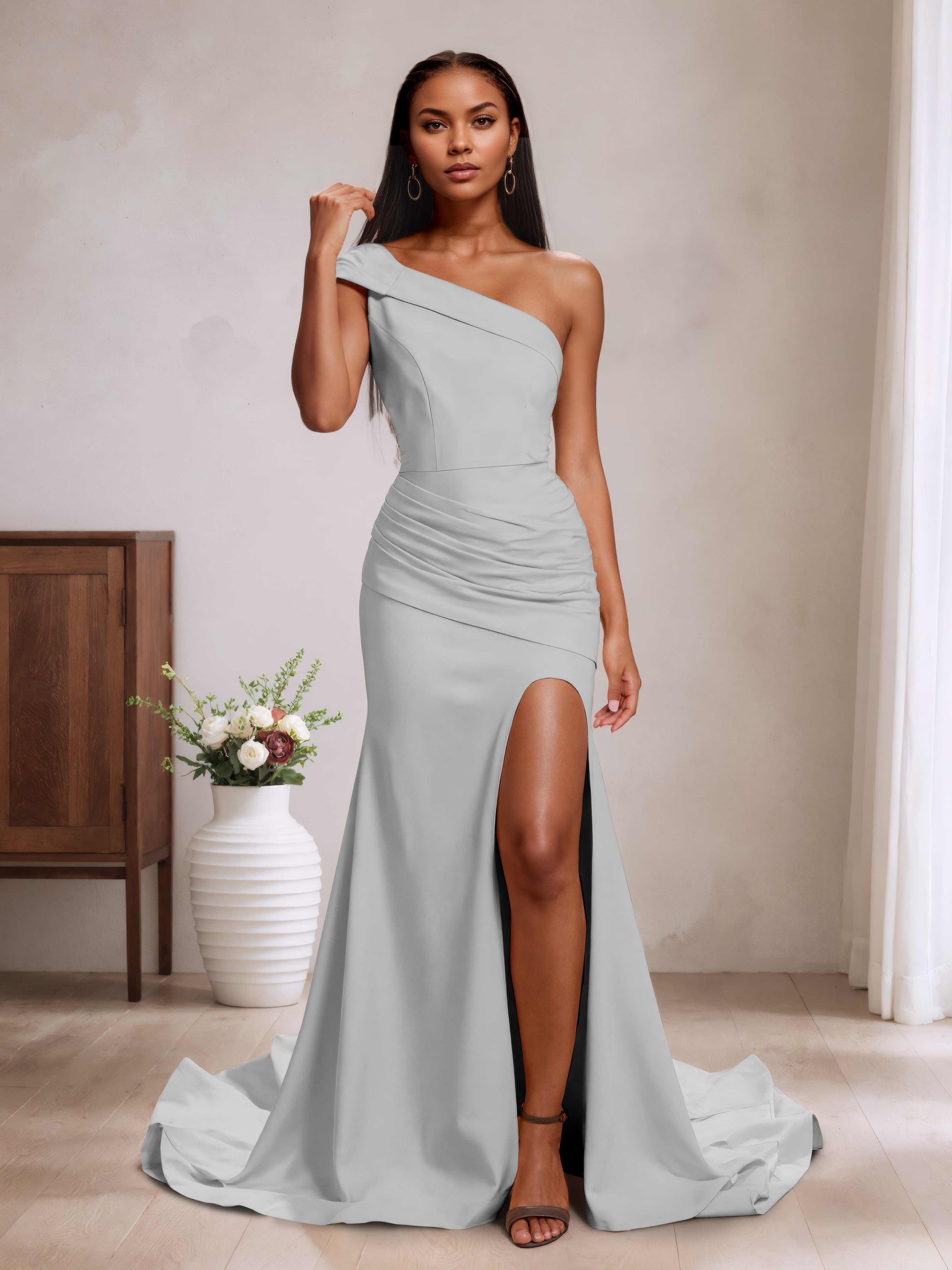 one shoulder gray bridesmaid dress Mermaid One Shoulder Satin Long Bridesmaid Dress with Slit, Silver