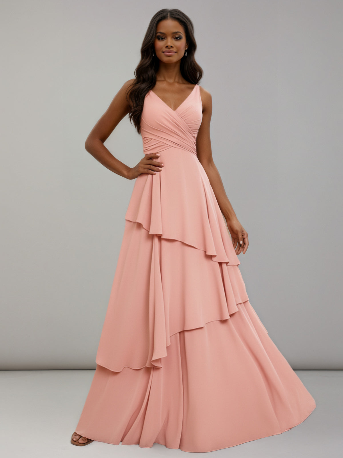 Amorae A-Line V-neck Pleated Bridesmaid Dresses with Ruffles