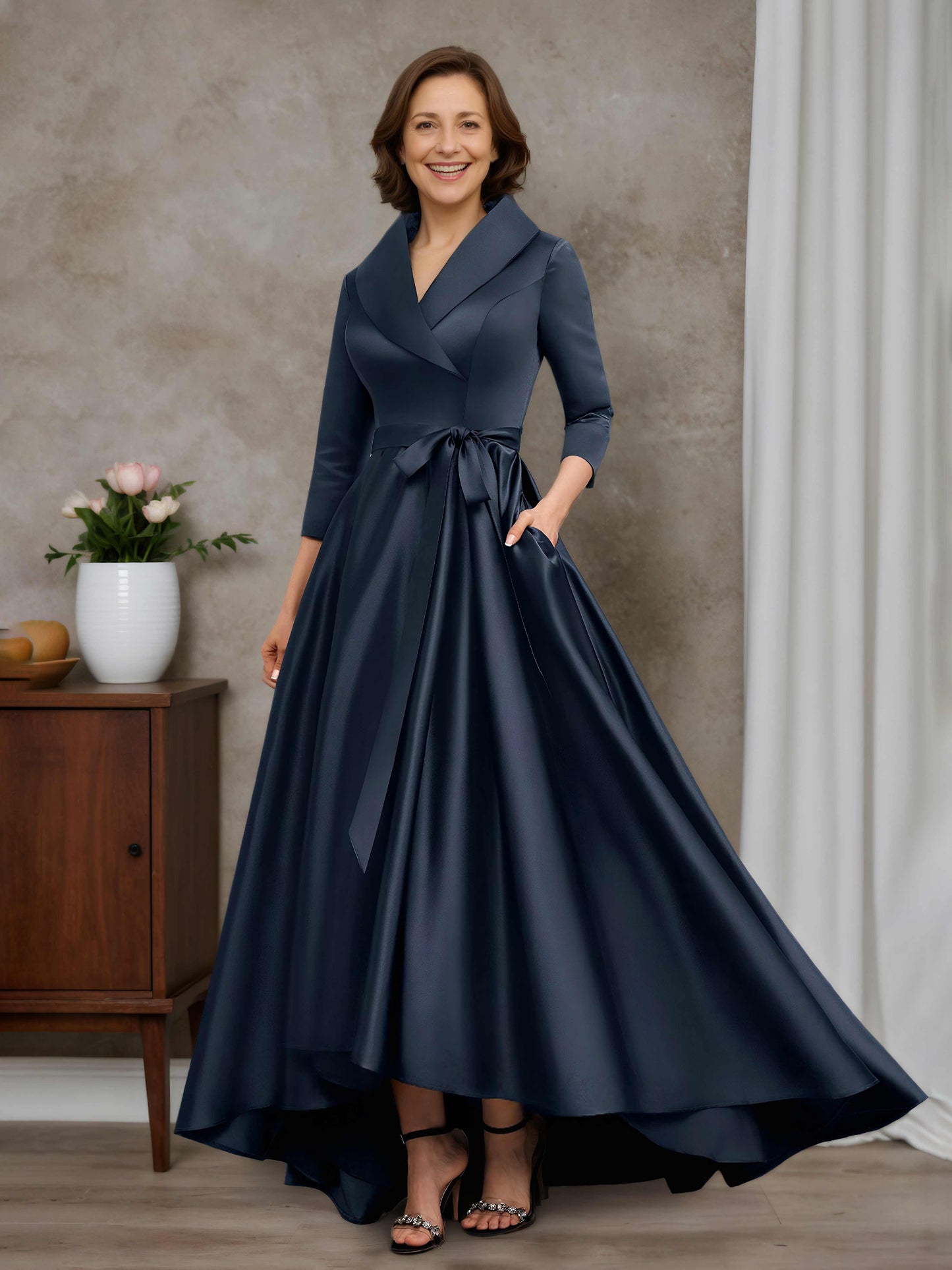 Annalise Stylish A-line V-Neck Collared Asymmetrical Satin Mother of the Bride Dresses With Bow