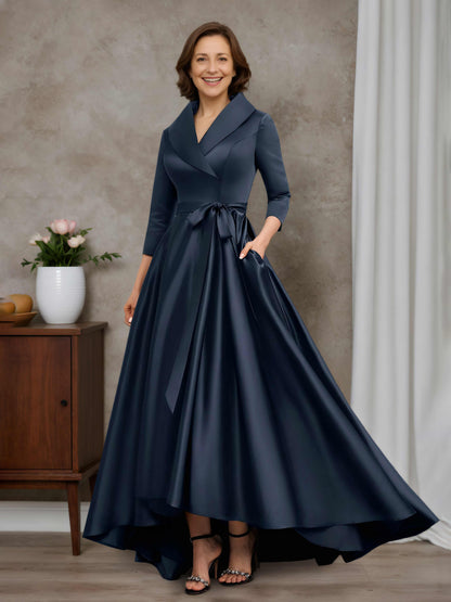 Annalise Stylish A-line V-Neck Collared Asymmetrical Satin Mother of the Bride Dresses With Bow