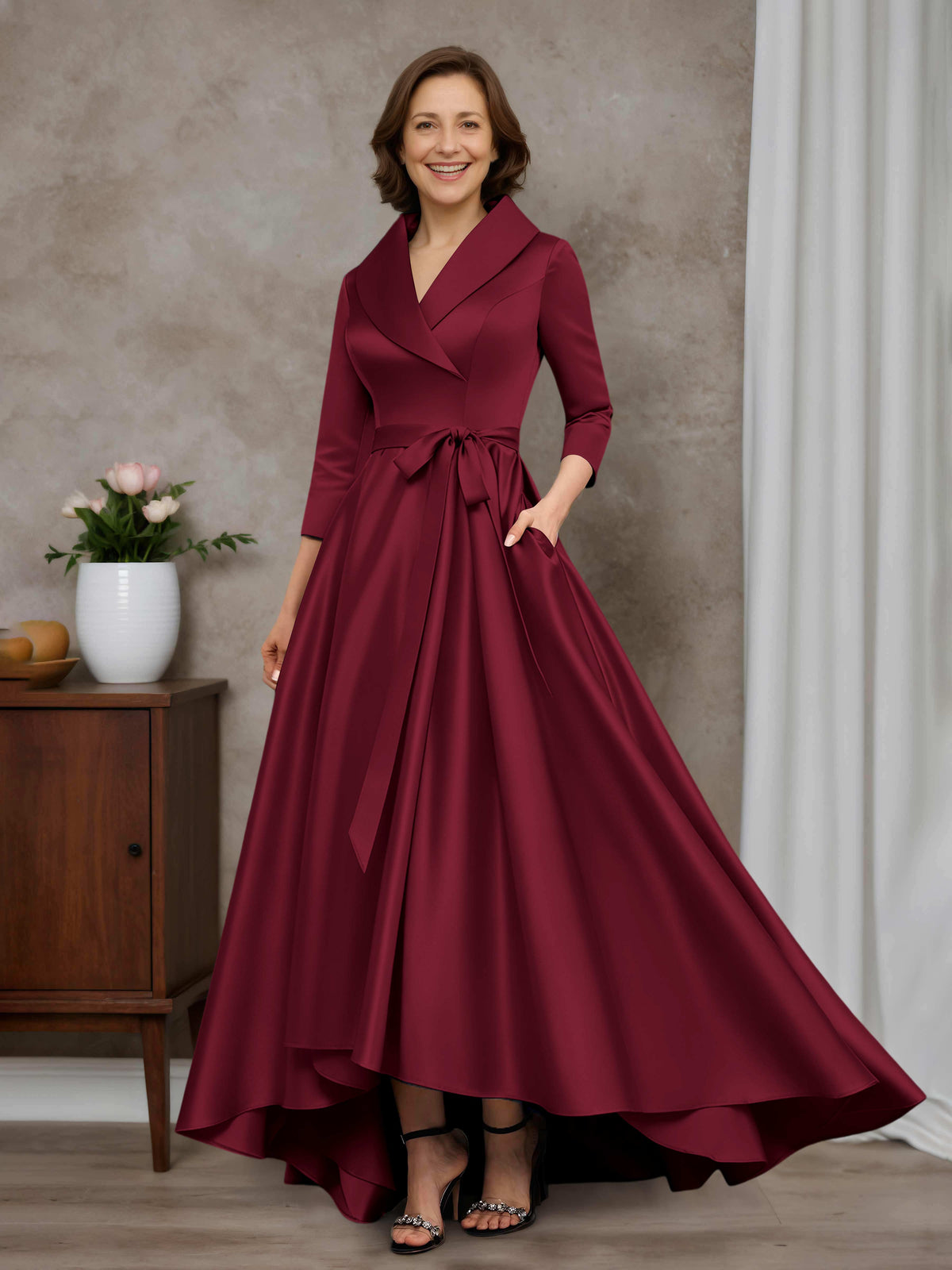 Annalise Stylish A-line V-Neck Collared Asymmetrical Satin Mother of the Bride Dresses With Bow
