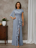 Anya Stylish A-line Scoop Short Sleeves Floor-Length Stretch Crepe Mother of the Bride Dresses with Ruffles