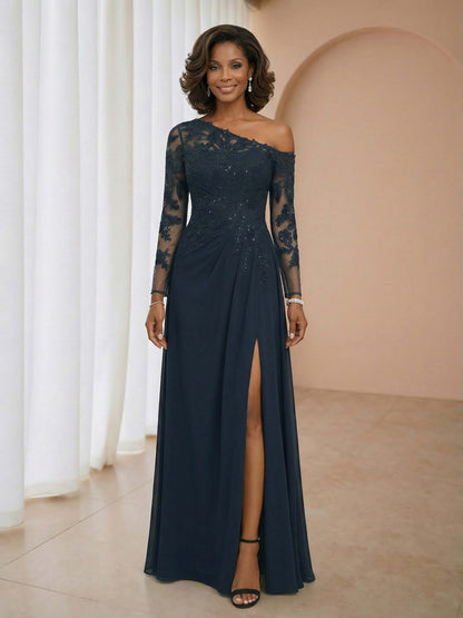 Aristelle Elegant A-Line One Shoulder Leg Slit Long Sleeves Mother of the Bride Dresses