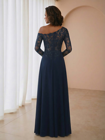 Aristelle Elegant A-Line One Shoulder Leg Slit Long Sleeves Mother of the Bride Dresses