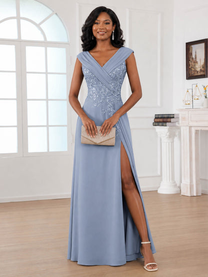 Audrey Timeless V-Neck A-Line Appliques Chiffon Mother of the Bride Dresses with Slit