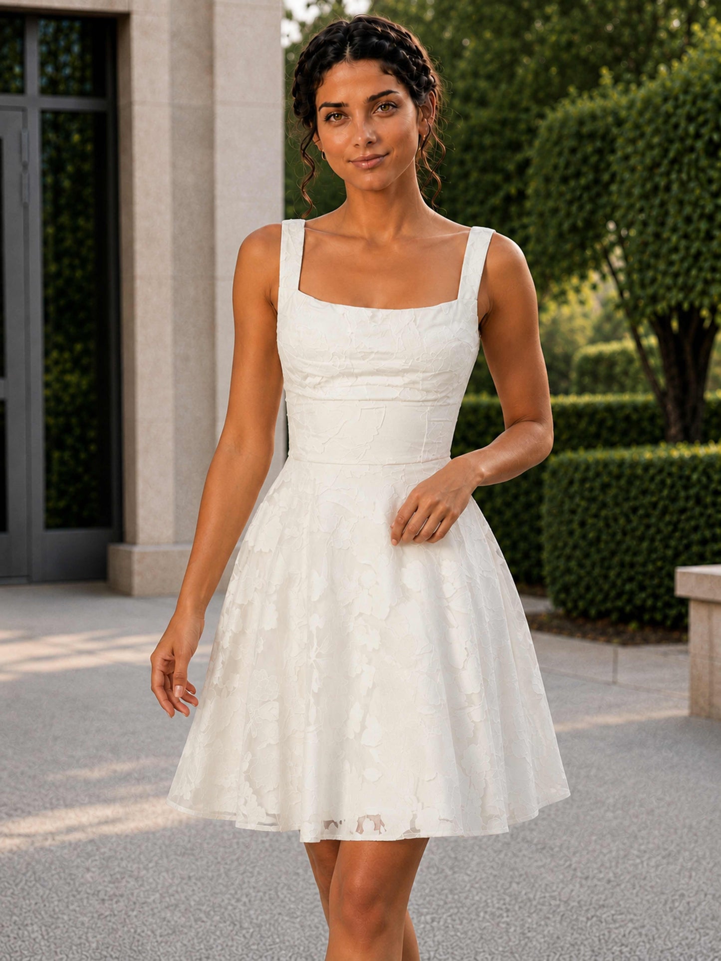Avenza A-Line Square Neck Sleeveless Floral Lace Short Homecoming Dress