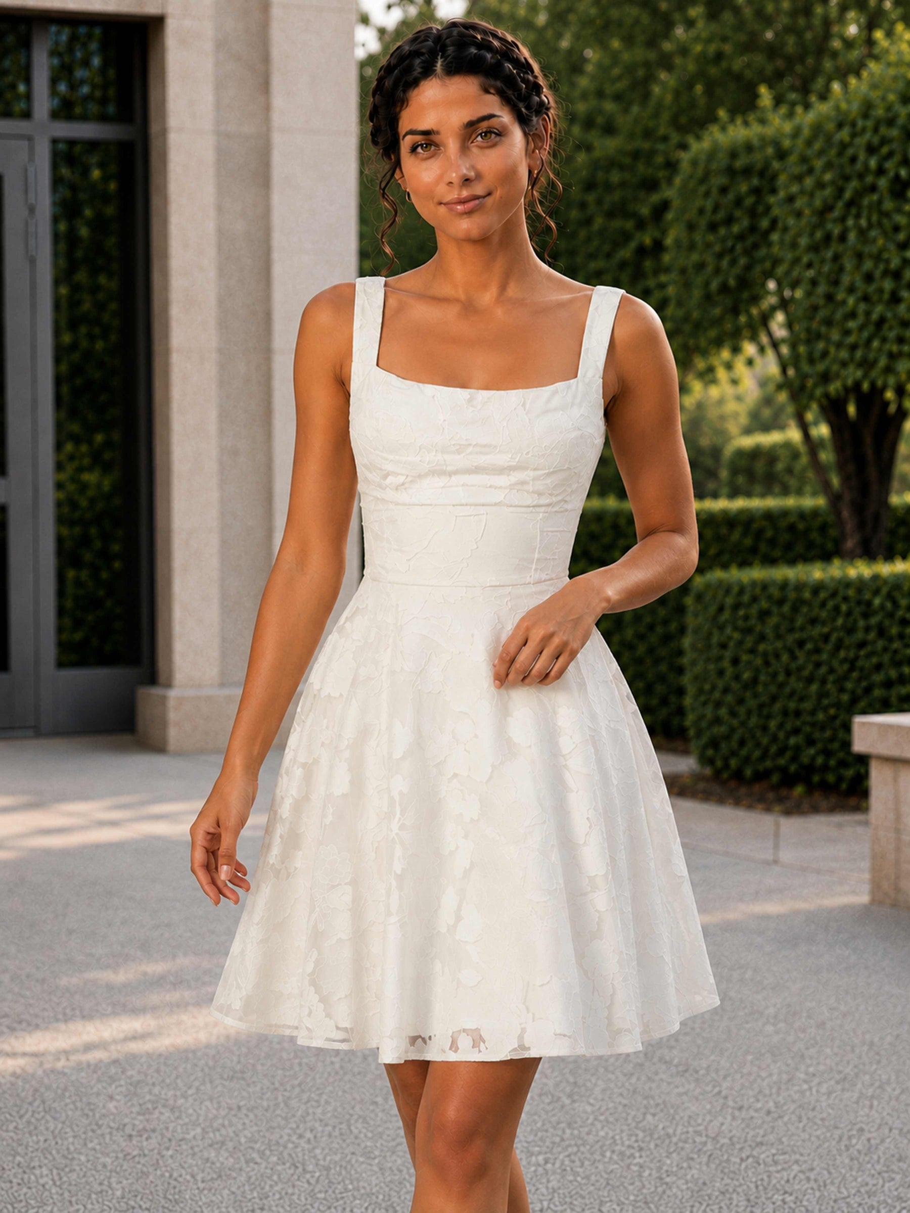 Avenza A-Line Square Neck Sleeveless Floral Lace Short Homecoming Dress