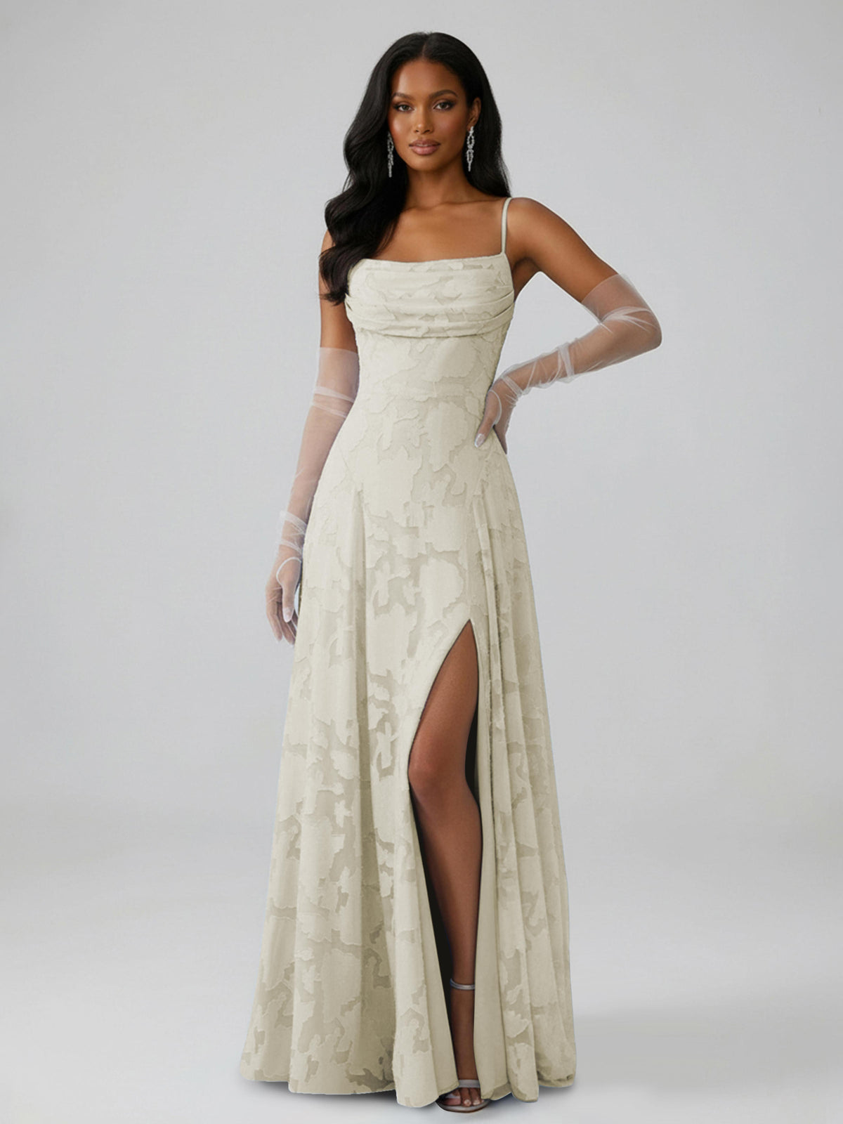 Bella A-Line Spaghetti Strap Sleeveless Floor-Length Floral Lace Long Bridesmaid Dresses With Slit