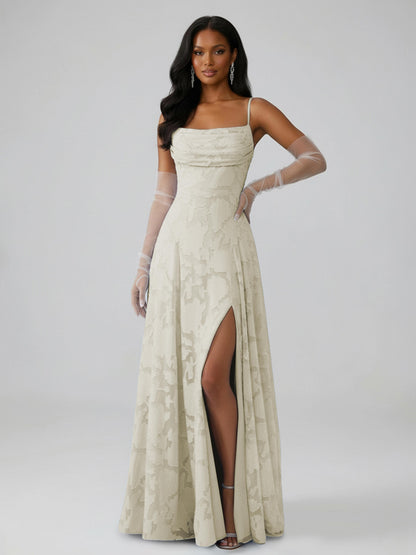 Bella A-Line Spaghetti Strap Sleeveless Floor-Length Floral Lace Long Bridesmaid Dresses With Slit