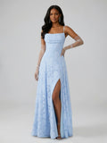 Bella A-Line Spaghetti Strap Sleeveless Floor-Length Floral Lace Long Bridesmaid Dresses With Slit
