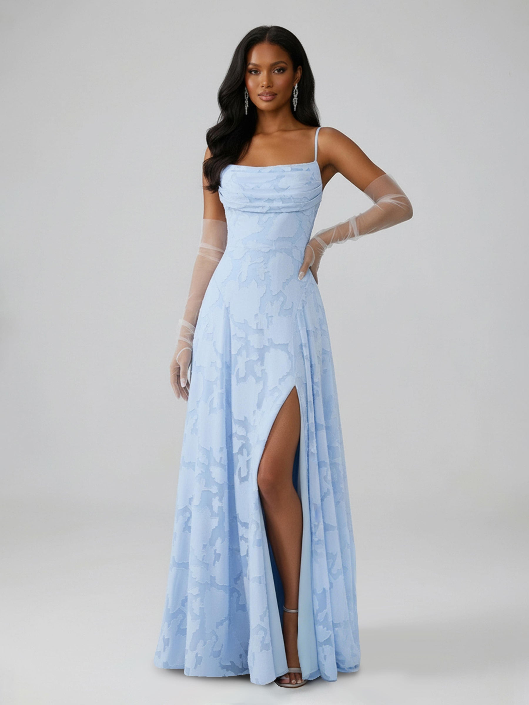 Bella A-Line Spaghetti Strap Sleeveless Floor-Length Floral Lace Long Bridesmaid Dresses With Slit